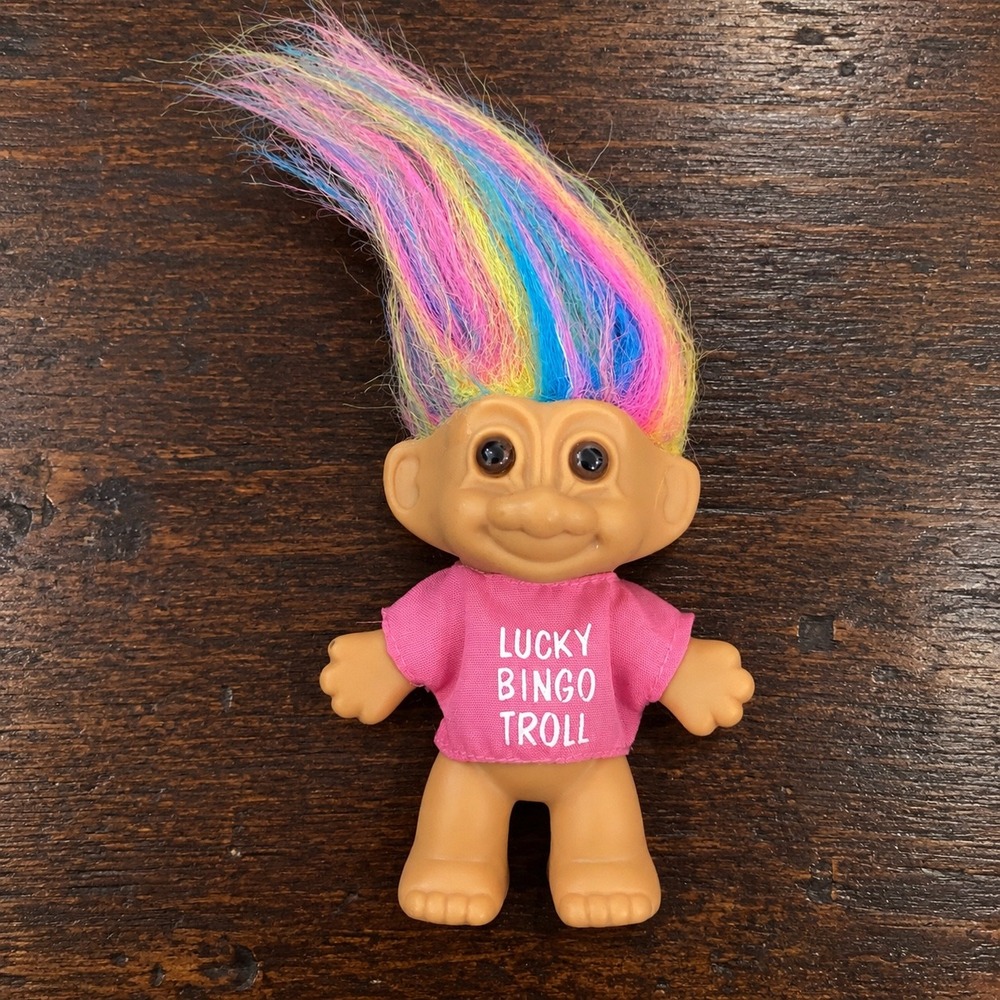 Vintage Russ Lucky Bingo Troll Doll Rainbow Hair Pink Shirt 6.5 Inch Figure